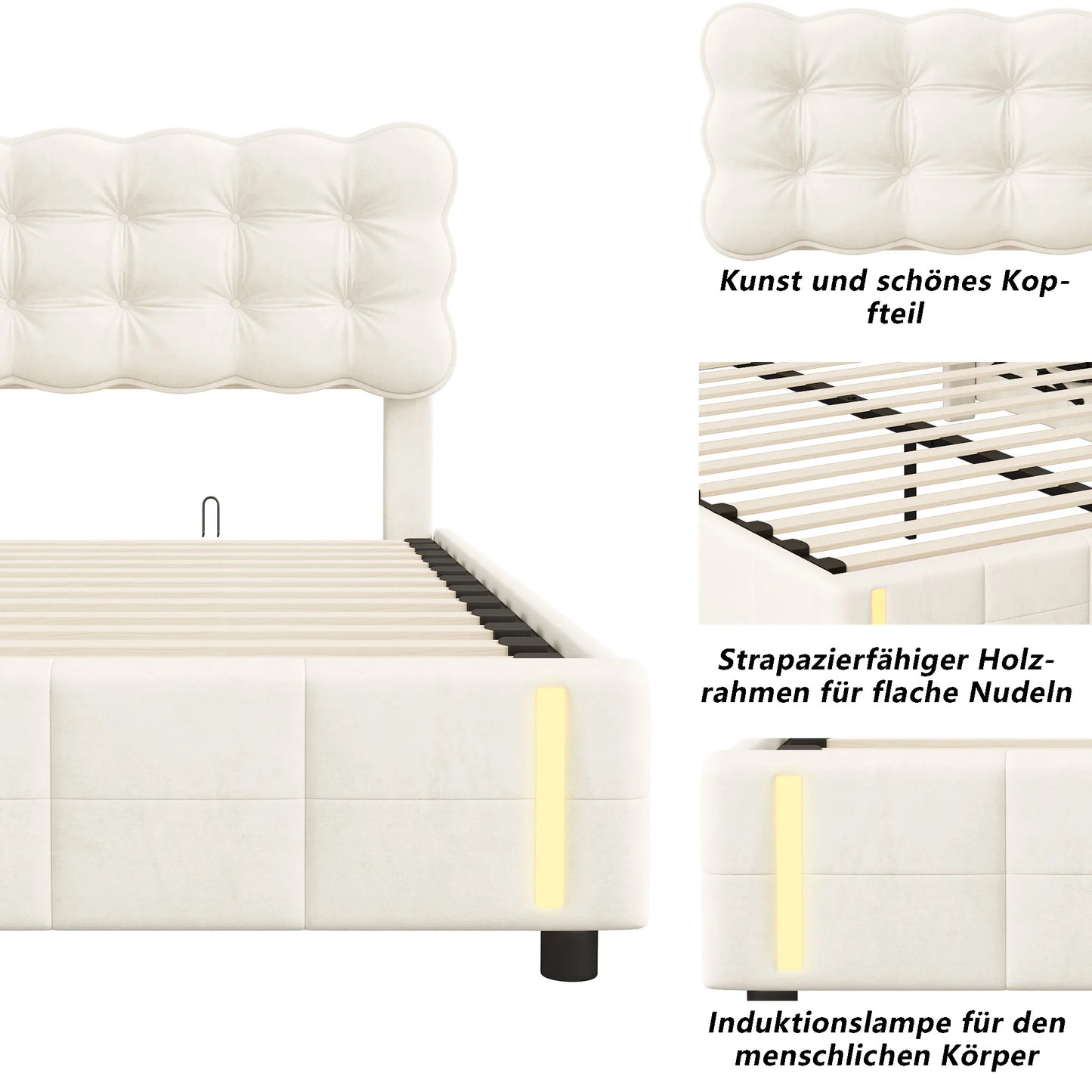 Doppelbett 140x200 cm mit LED-Beleuchtung und Stauraum, Luftdruckbett, Lattenrost, Samt, beige, ohne Matratze