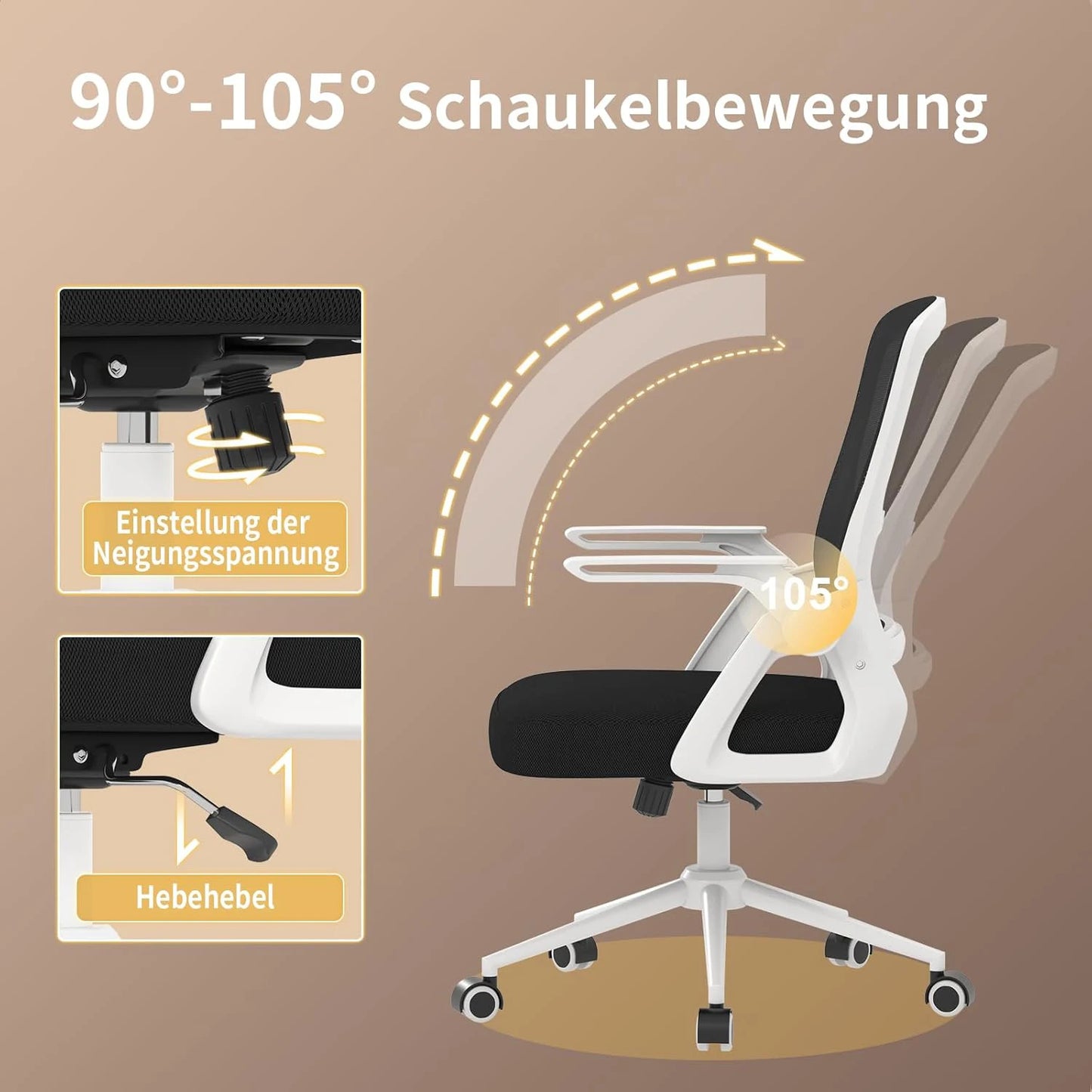 Office Chair Ergonomic Mesh Flip-Up Arms Office Chairs with Mid Back Cushion Lumbar Support Gaming Chair for Home