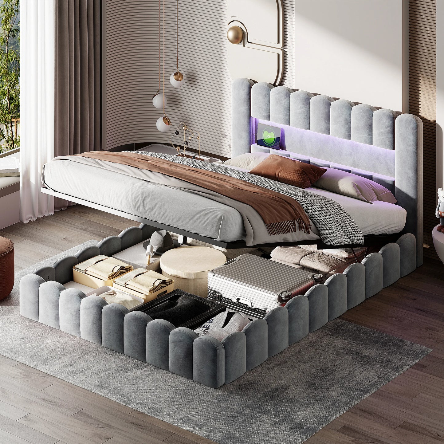 Rosahqnda Hydraulisches Doppelbett 180 x 200 cm, LED & USB Bett mit Stauraum, gepolstertes Gästebett, Jugendbett, Samt