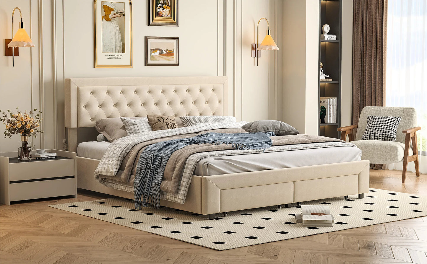 Rosahqnda Bett mit Stauraum, 160–180 x 200 cm, mit Schubladen gepolstert, Doppelbett, hydraulisches Bett, Jugendbett, Wohnungsbett, Samt, Beige/Grau