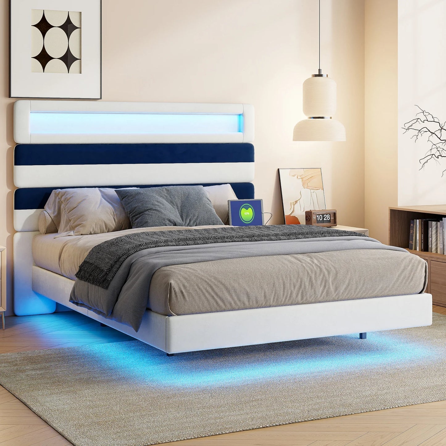 Rosahqnda Double Bed 140x190cm,Upholstered Bed with LED lighting and USB Charging Port,Youth Bed Ajudtable Headboard,WhiteVelvet