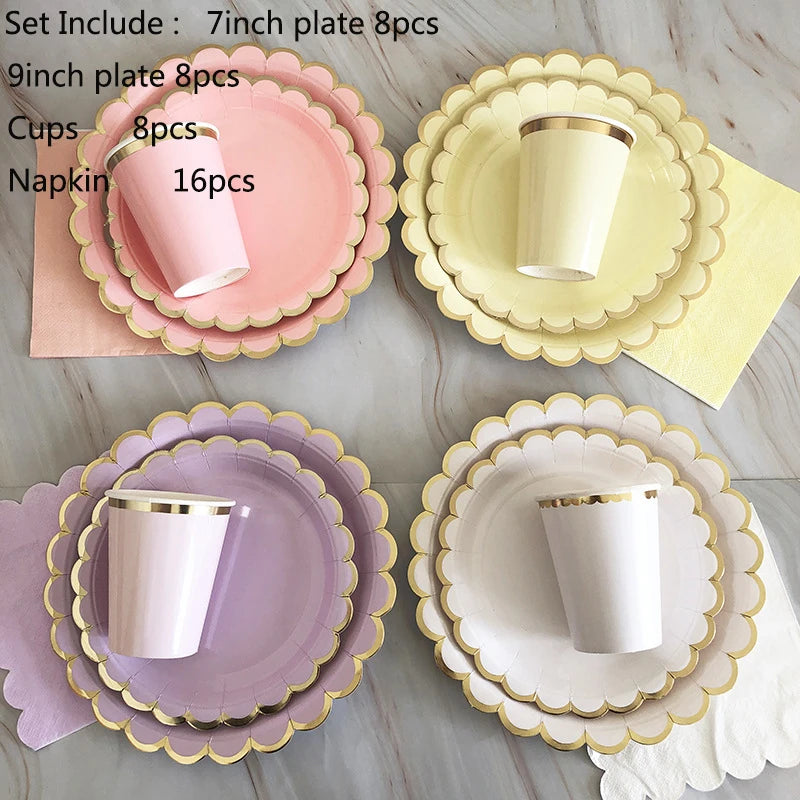 40pcs/set Yellow Green Pink Blue Paper Plates Cups Disposable Tableware Set for Wedding Birthday Party Baby Shower Supplies.