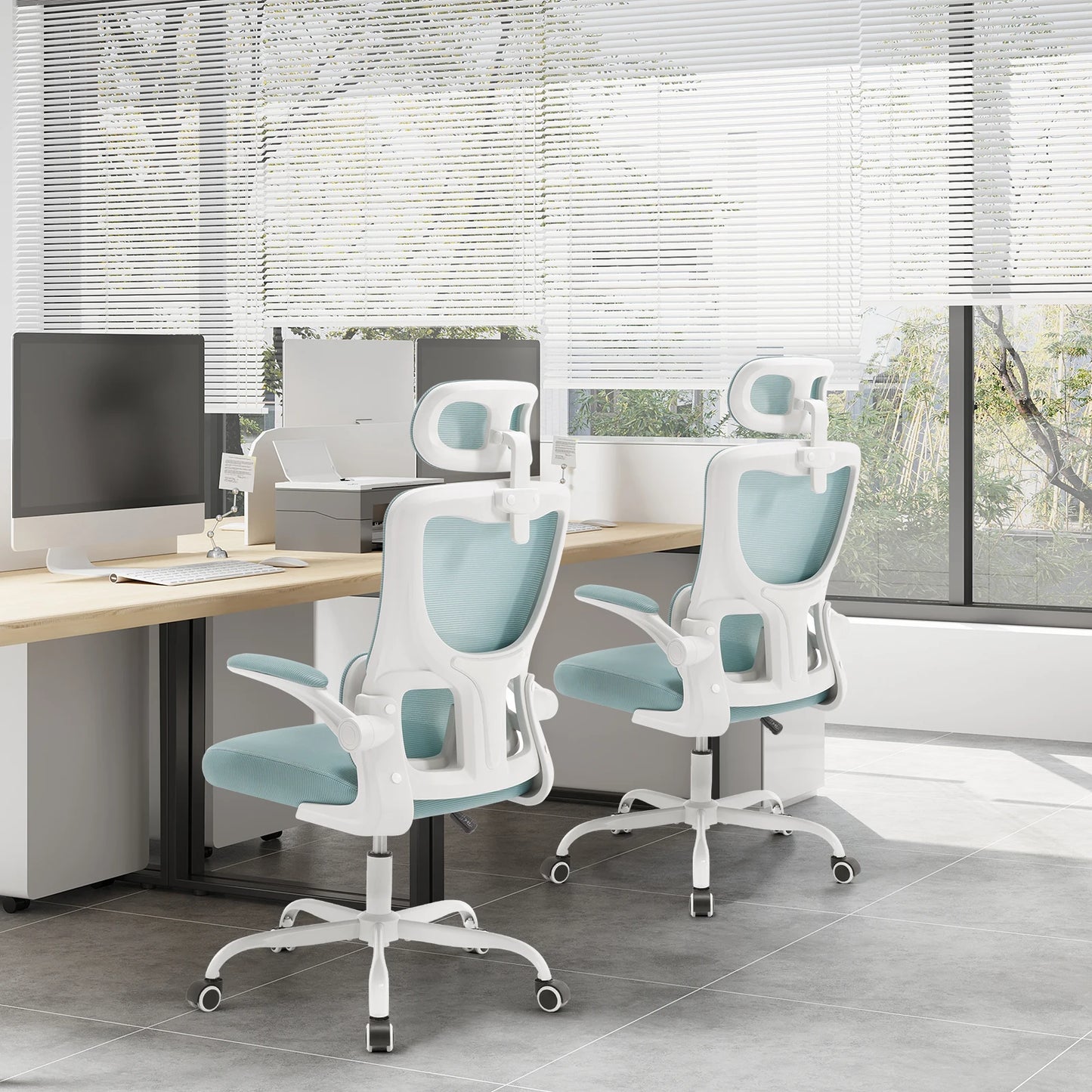 WOLTU Drehbarer Bürostuhl, ergonomischer Netz-Schreibtisch, Computerstuhl, höhenverstellbar, Schaukelfunktion, umkehrbare Armlehnen, Kopfstütze