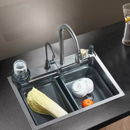 Wasserfall-Küchenspüle aus Edelstahl 304, großes Einzelschlitz-Wasserhahn-Set mit integrierter Digitalanzeige, Seifenspender, Tassenwascher