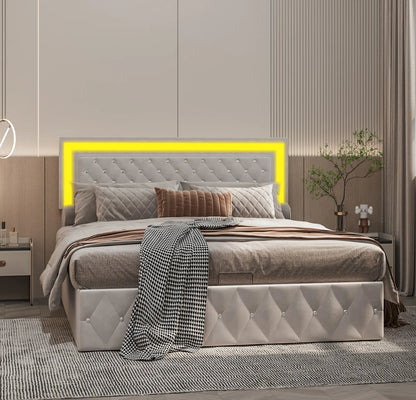 Rosahqnda Doppelbettgestell 140–160–180 x 200 cm, verstellbares LED-Kopfteil, hydraulisches Bett mit Stauraum, gepolstertes Jugendbett, Samt