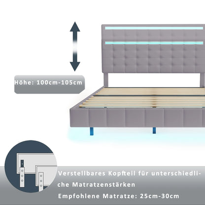 Comanlai Polsterbett 140 x 200 cm, mit LED-Leuchten, mit Lattenrost und Kopfteil, Jugendbett, Doppelbett, ohne Matratze, Grau