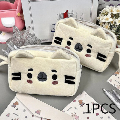Plush Pencil Case Cute Cat Makeup Bag Large Capacity Portable Plush Animal Stationery Storage Pouch Zipper Closure Pen Case.