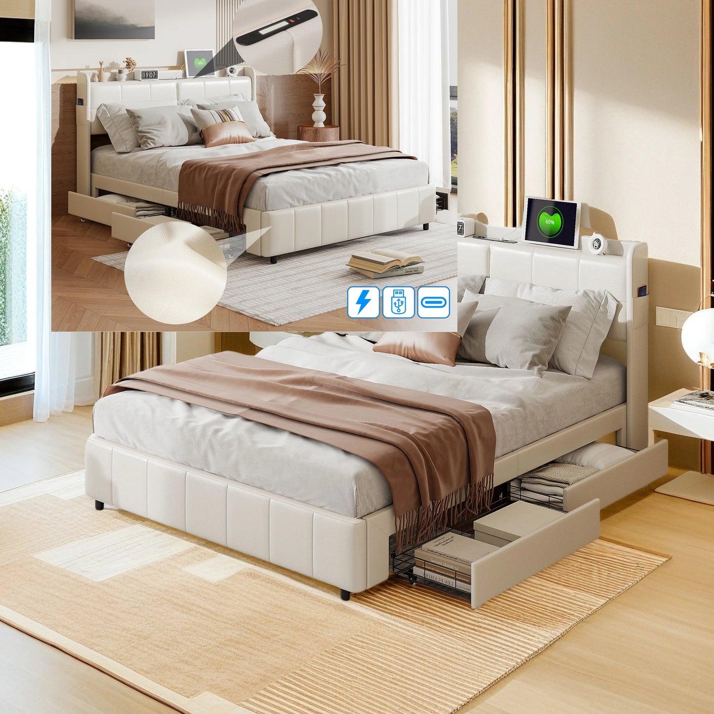 WoodenAura Doppeltes Polsterbett 140x200CM mit 4 Schubladen für die Lagerung, Rückenlehne mit Lagerung und Lattenrost, PU-Leder