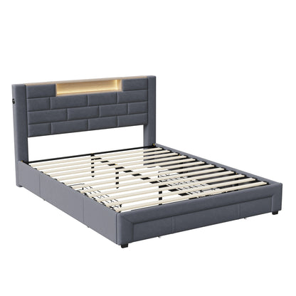 Upholstered Bed 160x200cm with LED and USB Charging Socket,Drawer Storage Bed,Bedside Storage,Adult Livingroom,Gray,Velvet