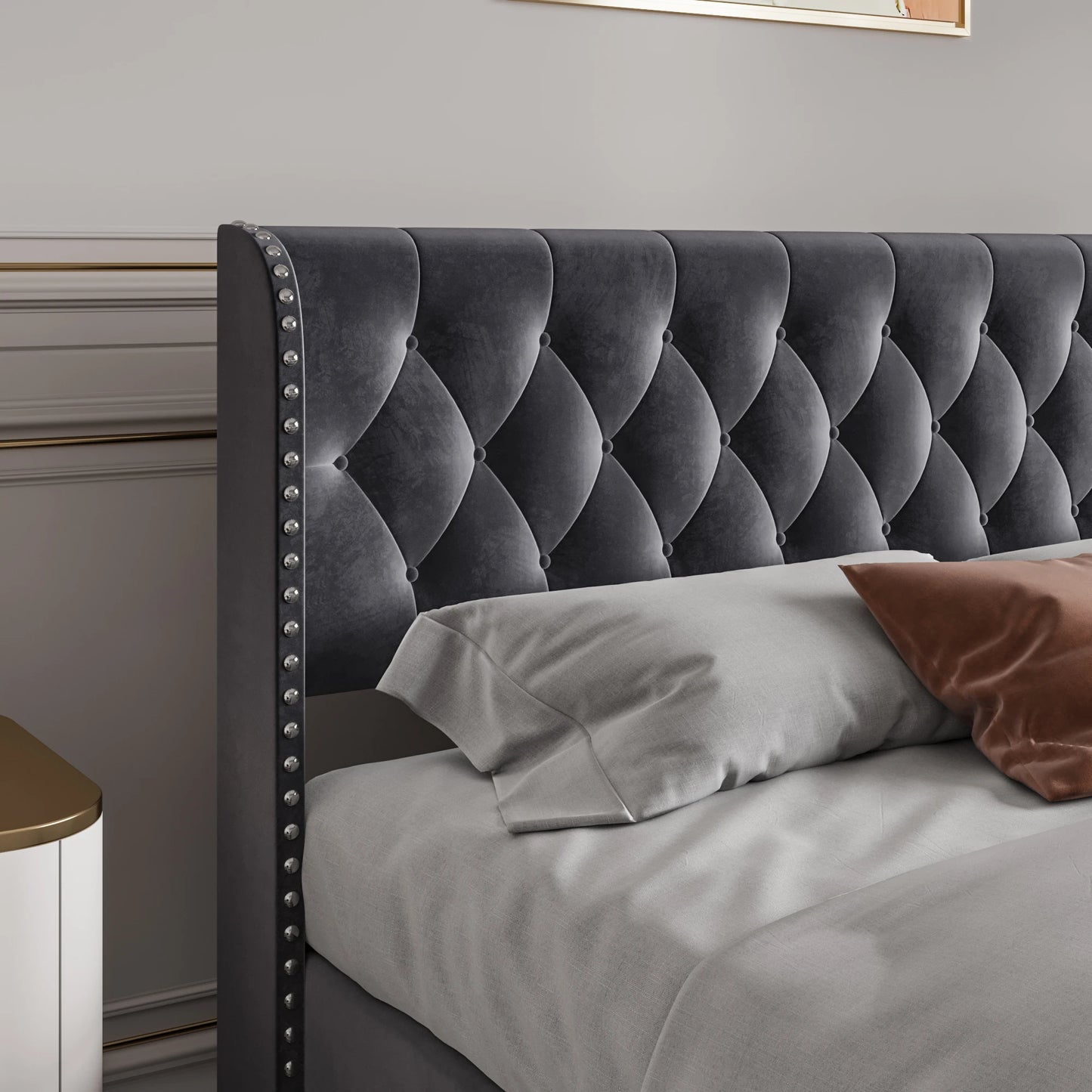 Rosahqnda gepolstertes Doppelbett, 140–160–180 x 200 cm, Stauraumbett, hydraulisches Bett, Erwachsenenbett, Samt, Dunkelgrau