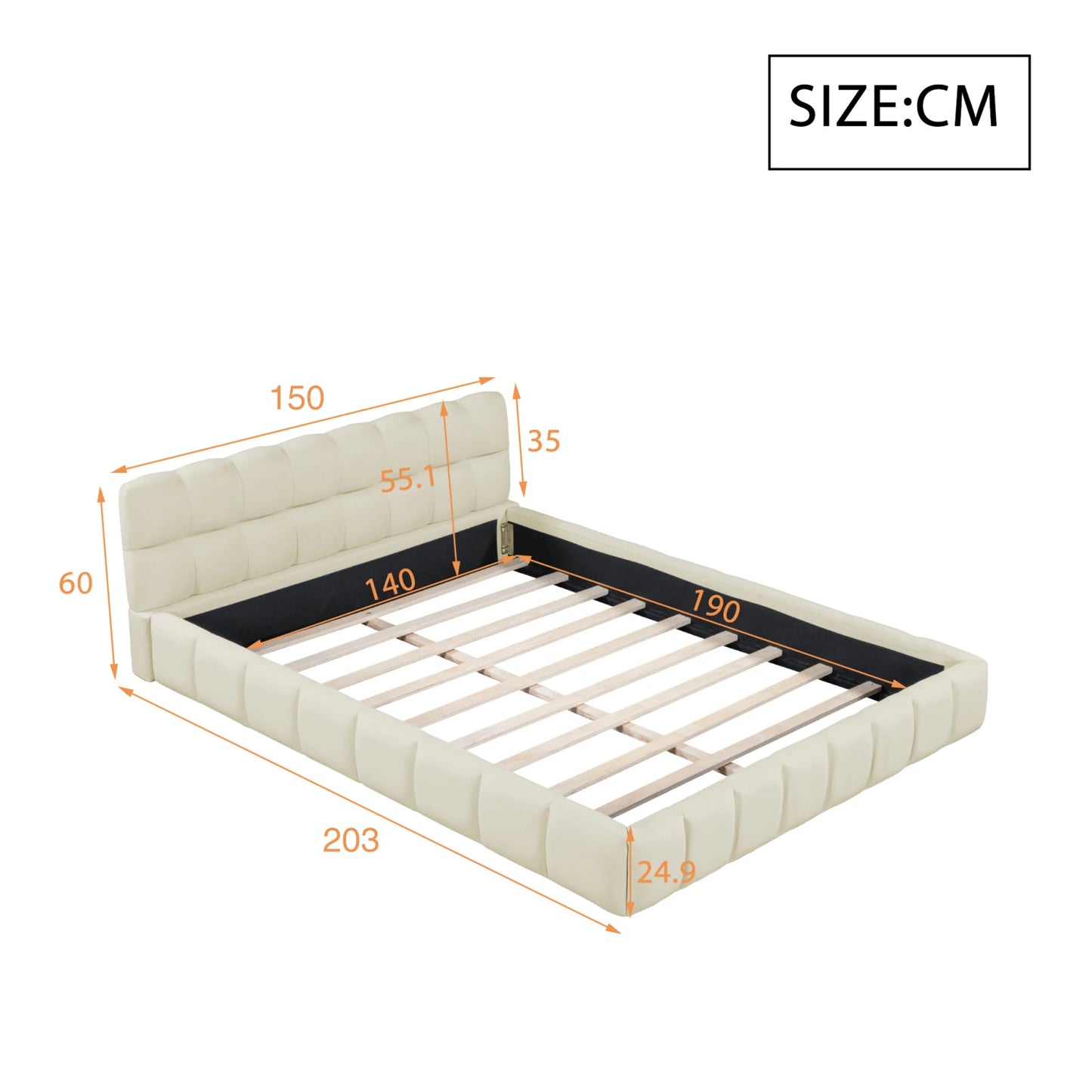 Rosahqnda Polsterbett  Standdoppelbett mit weicher Rückenlehne, Flachbett mit Polsterrand,  Lattenrost，Leinen, ohne Matratze