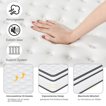 Mattress 140x190cm,Height 25cm, Pocket Spring Mattress with Comfort Foam, Mattress for Adults, Medium Hardness