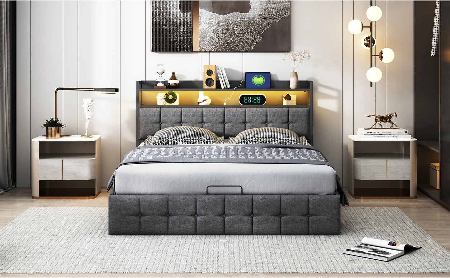 Rosahqnda Polsterbett 140 x 190 cm Doppelbett mit LED und USB, gepolsterter Bettrahmen mit Kopfteil und Lattenrost, Höhe 32 cm