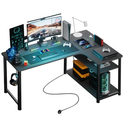 COMHOMA Schreibtisch Gaming Tisch mit Regal, Eckschreibtisch mit USB-Ladeanschluss und Steckdose, 120cm Computertisch L Form, PC