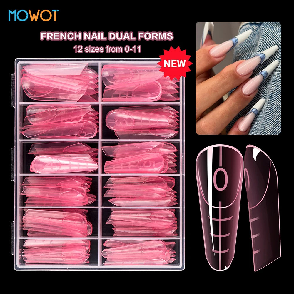 MOWOT 120pcs New French Nail Dual Forms with Rim Inside Quick Building Gel Mold Full Cover Extension Top False Tips Nail Forms.