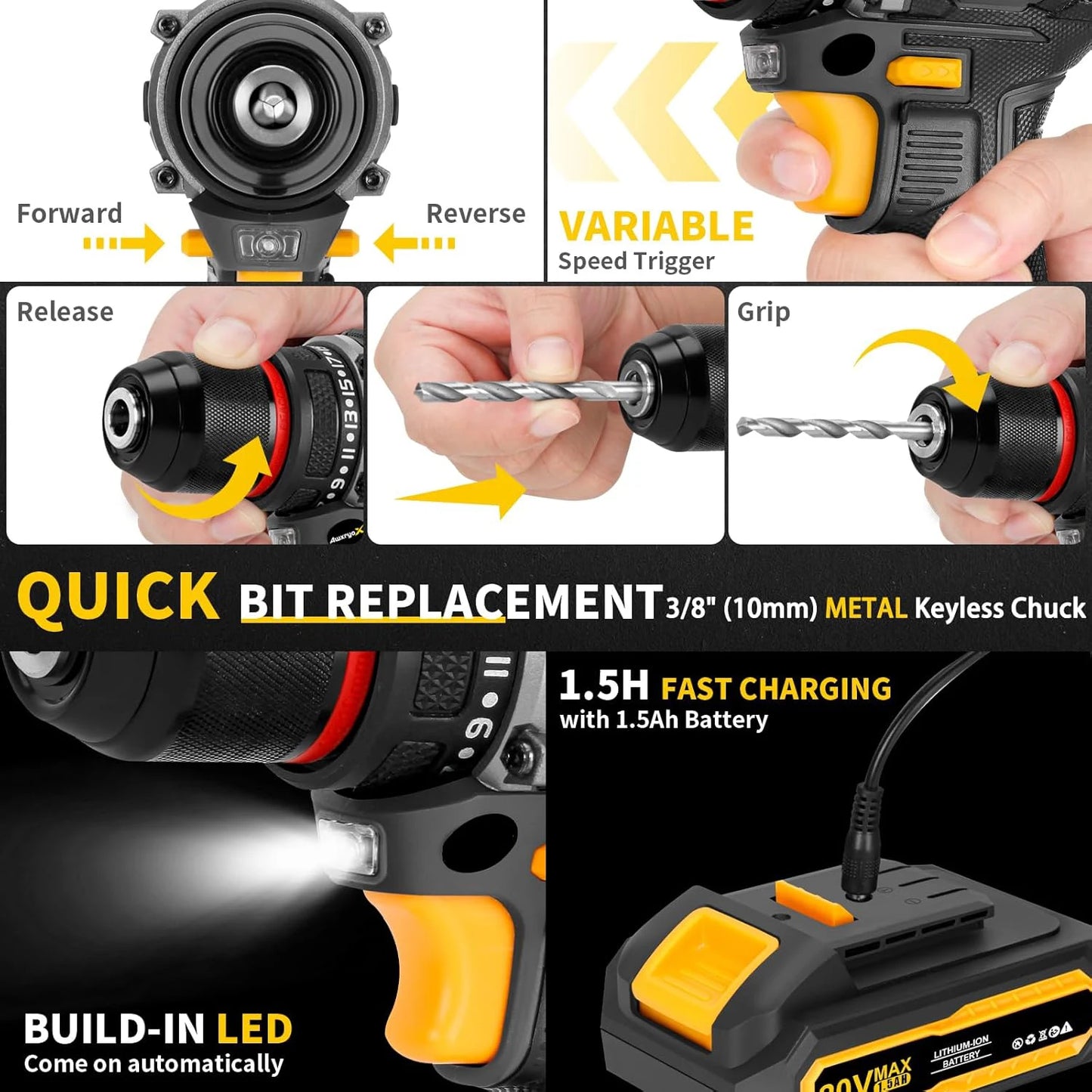 135-teilige Elektrowerkzeug-Kombi-Sets mit 20 V Akku-Bohrschrauber, 10 mm, 3/8 Zoll Schnellspannbohrfutter, professionelle Heim- und Haushalts-DIY-Handwerkzeug-Sets ﻿