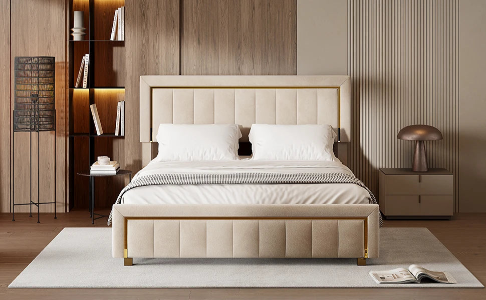 Rosahqnda Doppeltes gepolstertes hydraulisches Bett, 140-160 * 200 cm, großer Stauraum, Gästebett, Samt, schwarz, beige