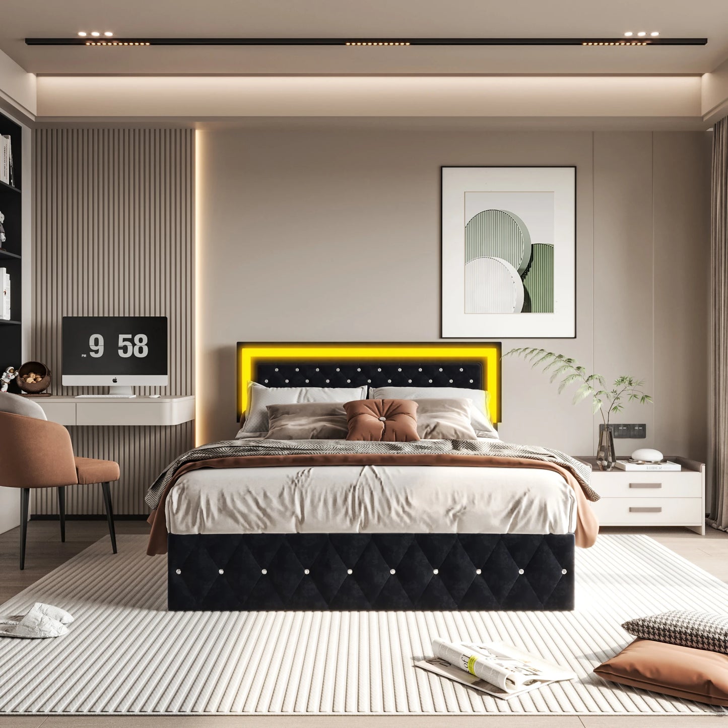 Rosahqnda gepolstertes Doppelbett 140 x 200 cm mit LED-Beleuchtung, hydraulischem Stauraumbett und Lattenrost, Funktionsbetten, Samt