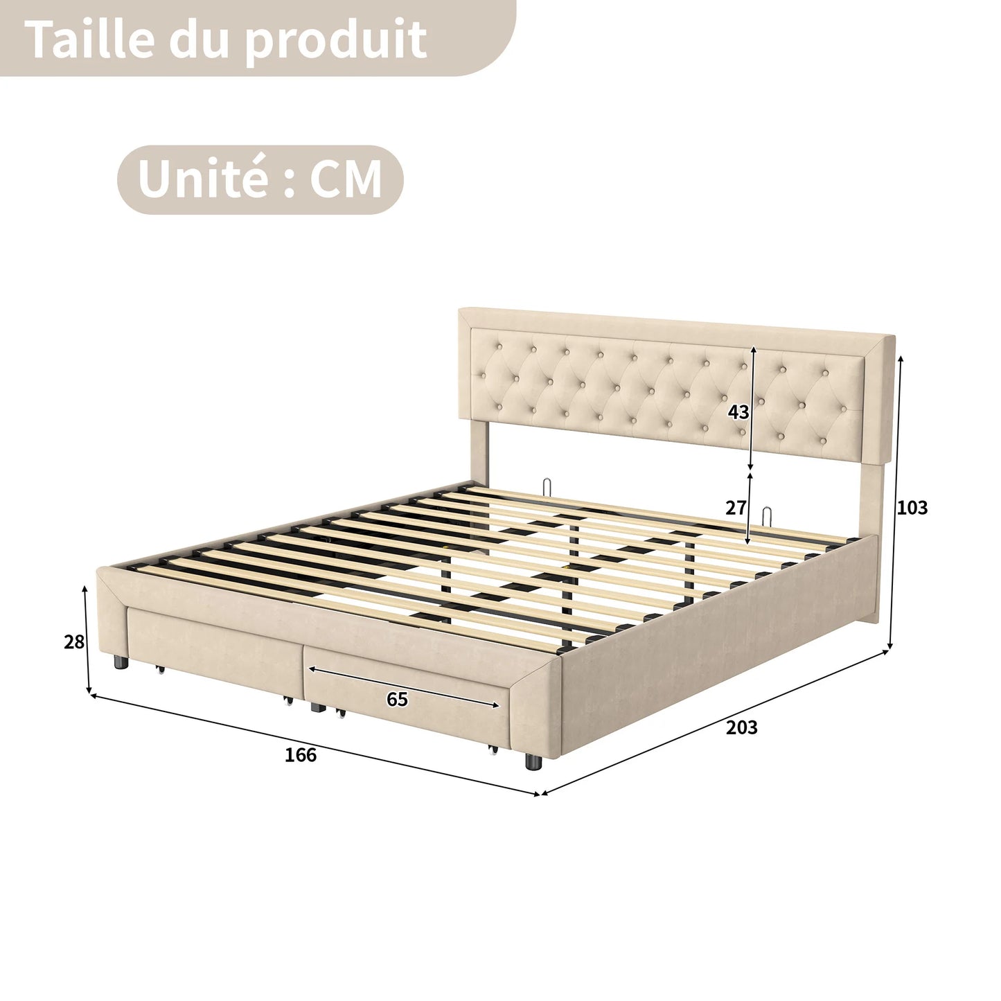 Rosahqnda Bett mit Stauraum, 160–180 x 200 cm, mit Schubladen gepolstert, Doppelbett, hydraulisches Bett, Jugendbett, Wohnungsbett, Samt, Beige/Grau