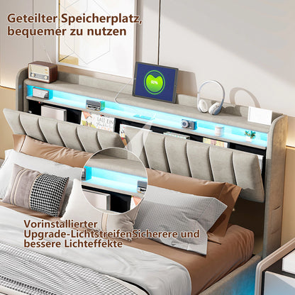 Rosahqnda Doppelbett,Kopfteil mit LED-Beleuchtung,USB-Anschlüssen und Ablagefach,Stauraumbett,Gästebett,Jugendbett,Samtstoff
