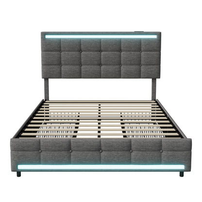 Rosahqnda Polsterbett mit 4 Schubladen und 2 USB-Anschlüssen, Bettrahmen mit LED-Leuchten, Kopfteil, Fußteil und Stauraum