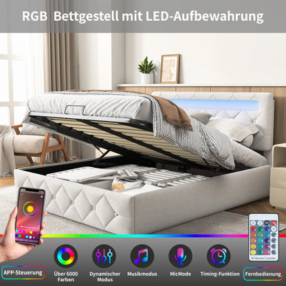 Rosahqnda Modernes weißes Polsterbett,hydraulisches Bett mit großem Stauraum, elegantes Doppelbett,Samtstoff, ohne Matratze