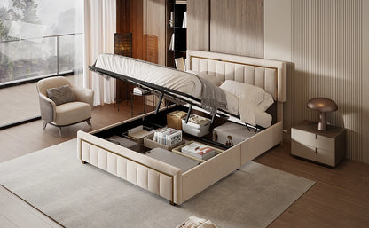 Rosahqnda Doppelt gepolstertes Hydraulikbett, 140–160 x 200 cm, großer Stauraum, Gästebett, Samt, Schwarz, Beige