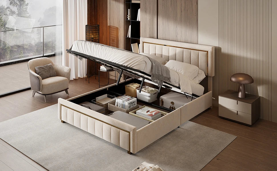 Rosahqnda Doppeltes gepolstertes hydraulisches Bett, 140-160 * 200 cm, großer Stauraum, Gästebett, Samt, schwarz, beige