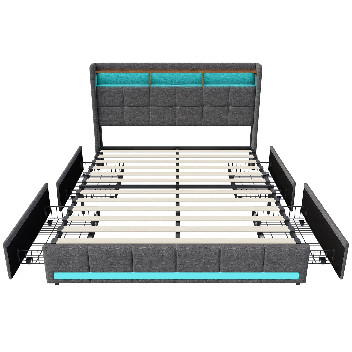 Comanlai 160 x 200 cm, gepolstertes Bett, mit 4 Schubladen und Lattenrost, mit LED- und USB-Ladefunktion, keine Matratze, Leinen, Grau