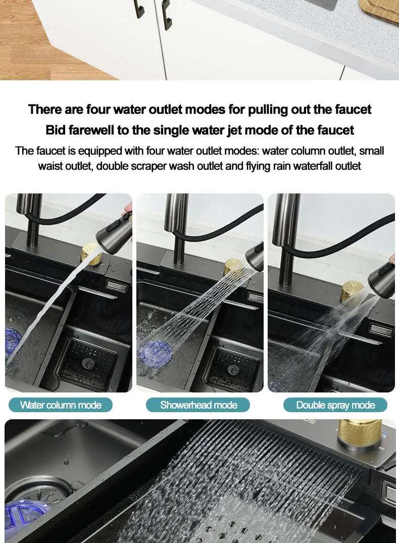 under the household sink    Black Stainless Steel Nano Undermount/Drop in Waterfall Single Bowl Kitchen Sink With Pull-Out Fauce