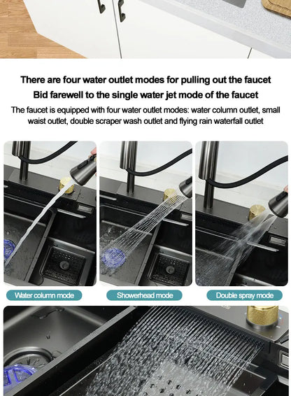 under the household sink    Black Stainless Steel Nano Undermount/Drop in Waterfall Single Bowl Kitchen Sink With Pull-Out Fauce