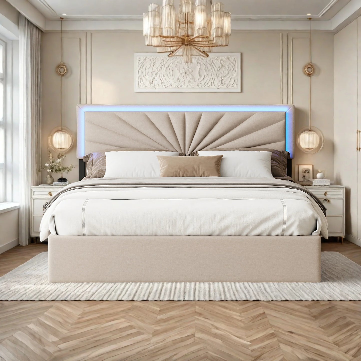 Rosahqnda Gepolstertes Doppelbett 140-160 x 200 cm mit 4 Schubladen und LED, Stauraumbett, Gästebett, Apartmentbett, Leinen