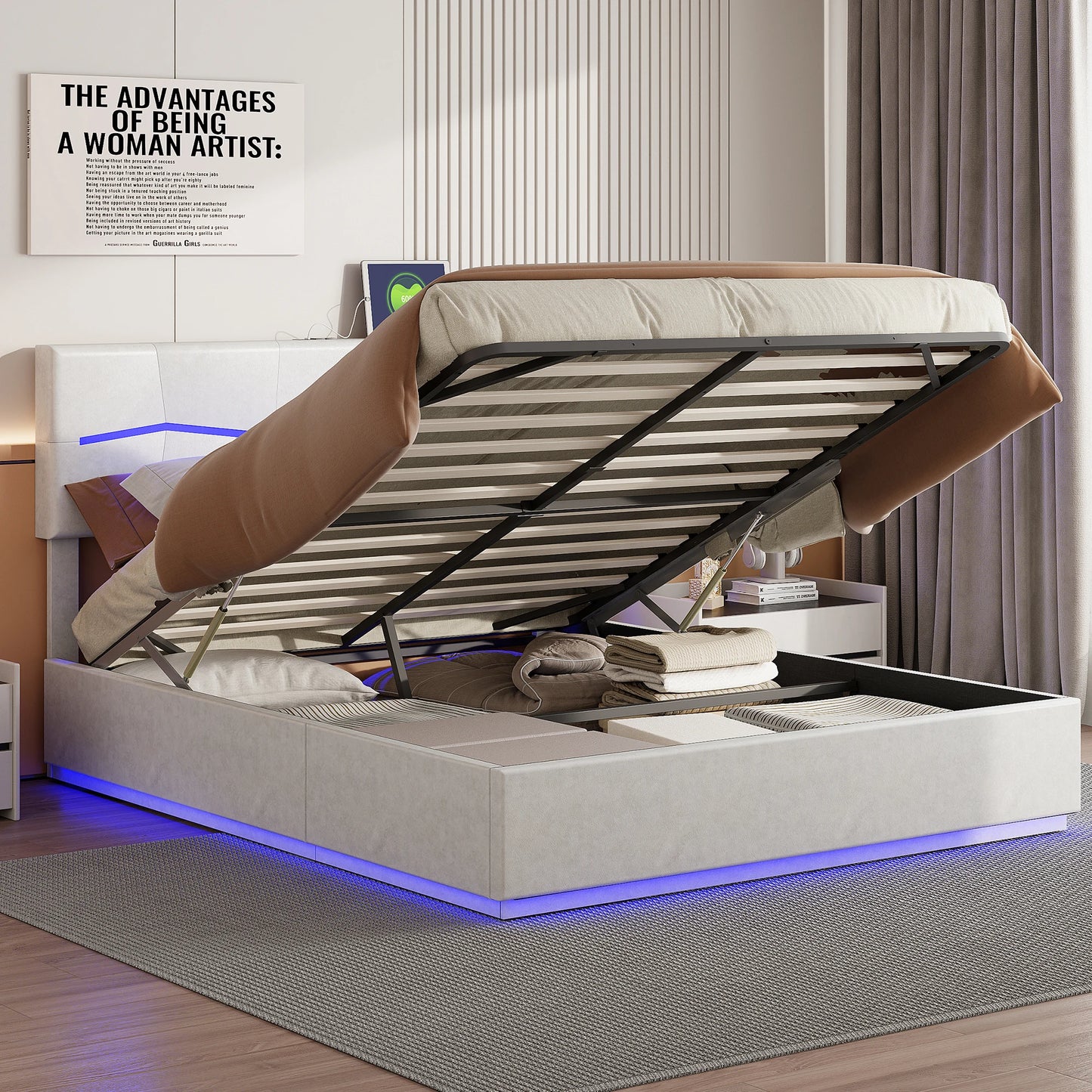 Polsterbett Doppelbett 140x200cm Jugendbett mit Verstellbares Kopfteil, Bett mit Beleuchtung, Stauraumbett mit Hydraulisch, PU