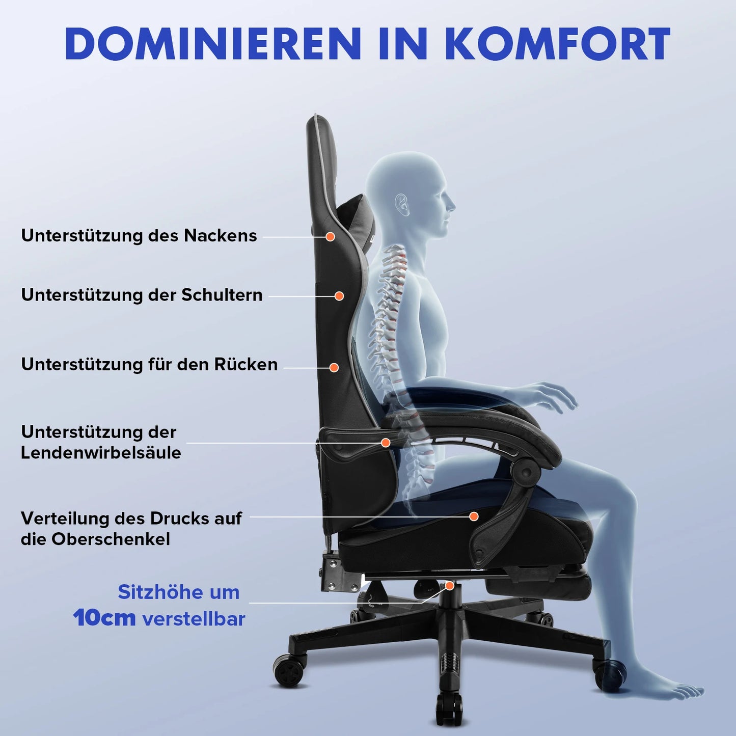 LUCKRACER Gaming Stuhl mit fußstütze Bürostuhl Ergonomisch mit verstellbare Lendenkissen, Kopfkissen Gaming Chair
