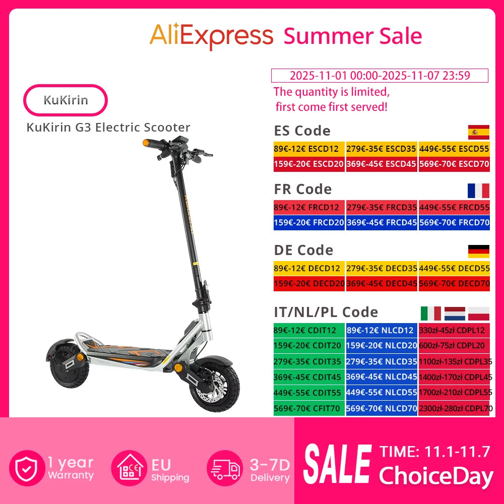 Kukirin A1 Folding Electric Scooter, 800W 48V 13Ah Battery, 10" Vacuum Tire, 45km/h Max Speed 45km Range Front & Rear Disc Brake.