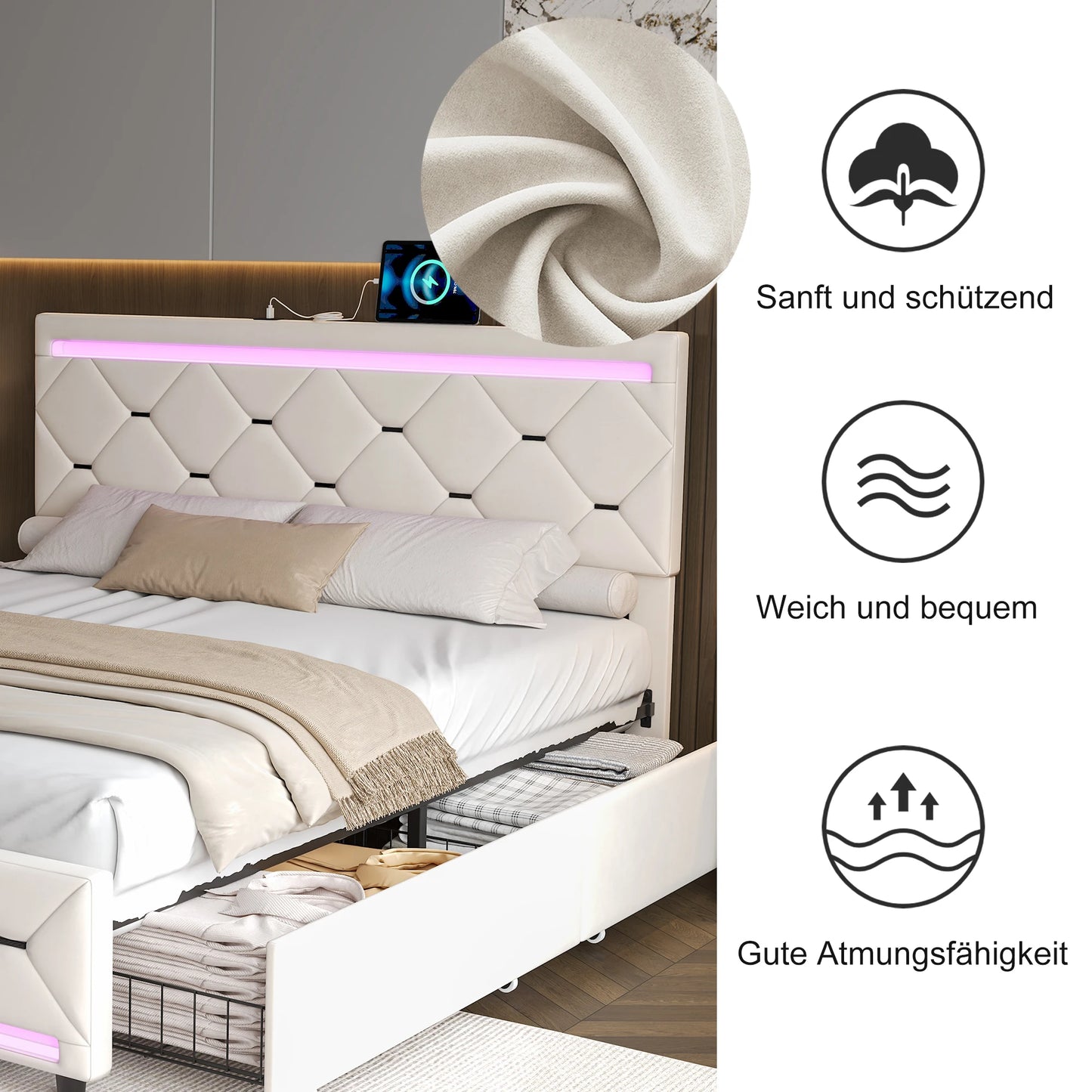 Rosahqnda gepolstertes Bett mit Stauraum, USB-Ladefunktion und LED-Kopfteil und 4 Schubladen, Doppelbettrahmen