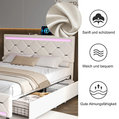 Rosahqnda gepolstertes Bett mit Stauraum, USB-Ladefunktion und LED-Kopfteil und 4 Schubladen, Doppelbettrahmen