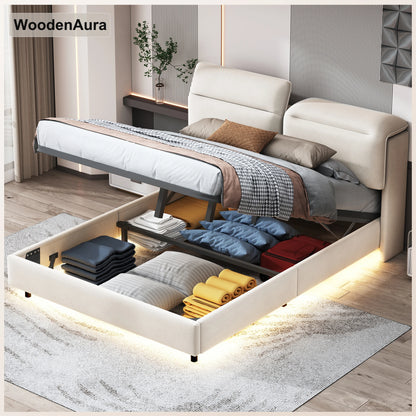 WoodenAura Bett 160 x 200 cm mit Lattenrost, Bett 160x200 cm mit Stauraum und Kopfteil, Bett mit LED-Beleuchtung und Stauraum