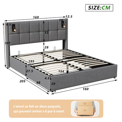 ROSAHQNDA Modernes Polsterbett, hydraulisches Doppelbett mit Leseleuchten, 140/160x200cm, Samtbett mit Stauraum, ohne Matratze