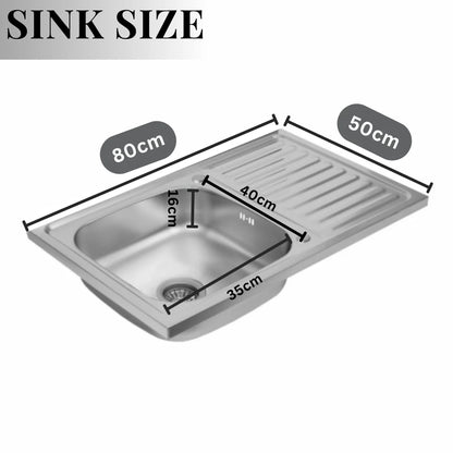 80 x 50 cm große Küchenspüle aus Edelstahl, Einzelschüssel mit Wasserhahnloch und Abtropffläche, Silber, linke/rechte Option