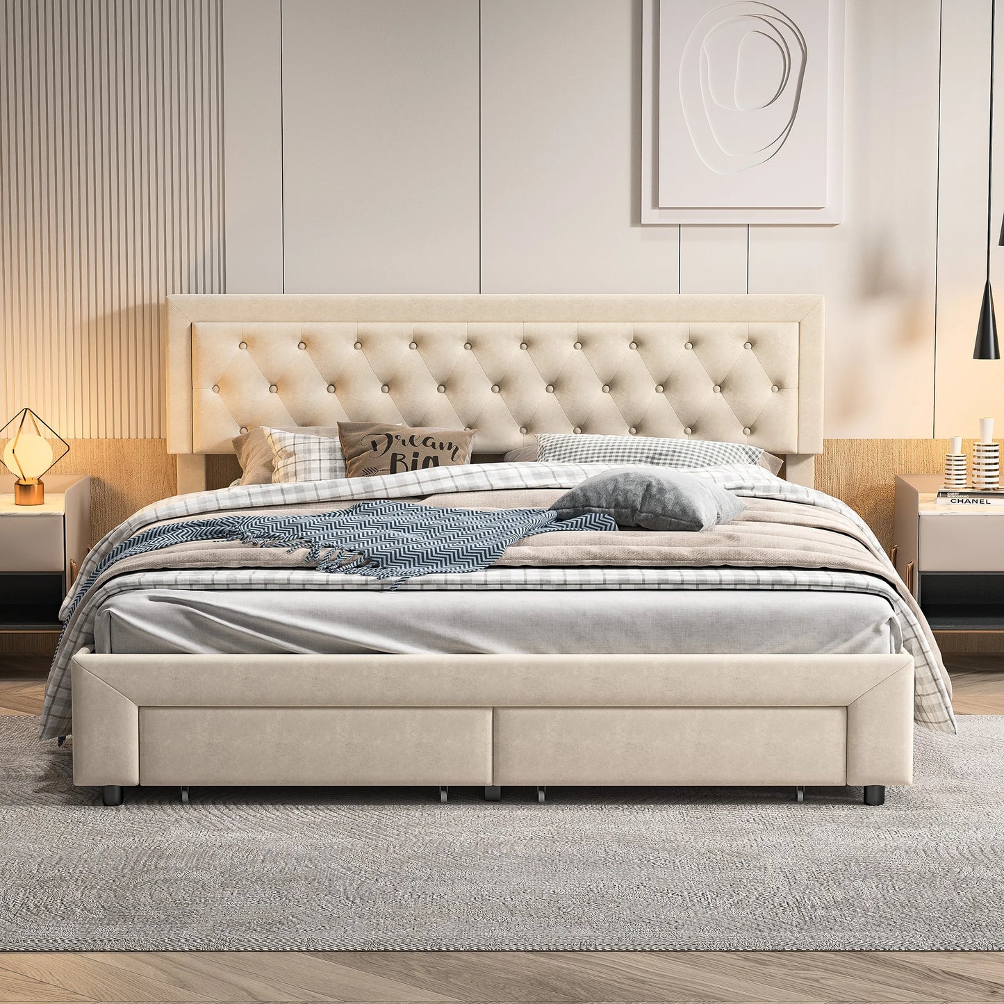 Rosahqnda Bett mit Stauraum, 160–180 x 200 cm, mit Schubladen gepolstert, Doppelbett, hydraulisches Bett, Jugendbett, Wohnungsbett, Samt, Beige/Grau