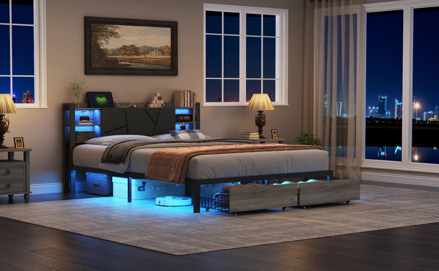 Rosahqnda gepolsterter Doppelbettrahmen 140–160–180 x 200 cm mit 2 Schubladen, Aufbewahrungs-Jugendbett, Gästebett, Apartmentbett, Eisenbett, PU