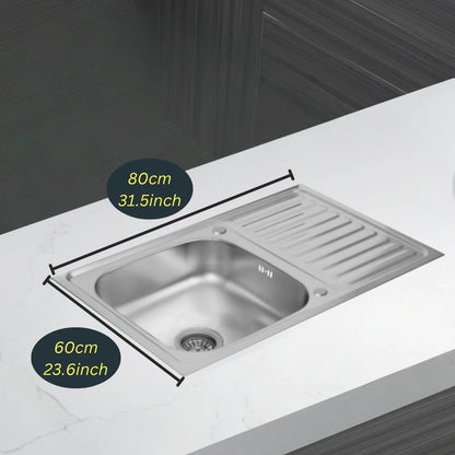 Küchenspüle aus Edelstahl, 80 x 60 cm, mit Abtropffläche, Einzelschüssel, Wasserhahnloch, umschaltbar auf der Oberseite