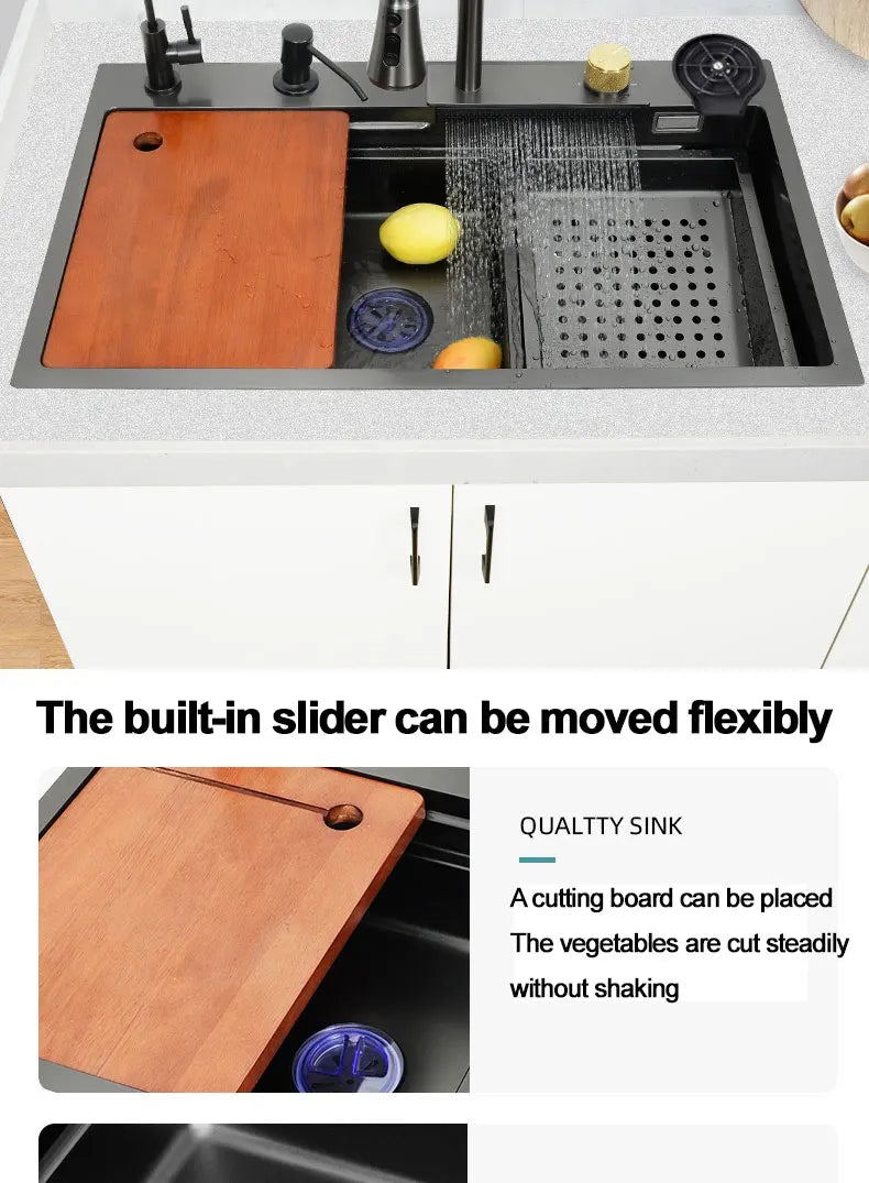 under the household sink    Black Stainless Steel Nano Undermount/Drop in Waterfall Single Bowl Kitchen Sink With Pull-Out Fauce