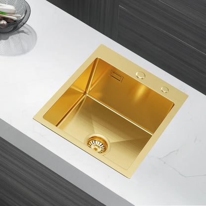 PVD Gold Edelstahlspüle 40 x 50 cm – Einzelbecken mit Abflussrohr, Wasserhahnloch, X-Drain-Design für schnellen Wasserdurchfluss
