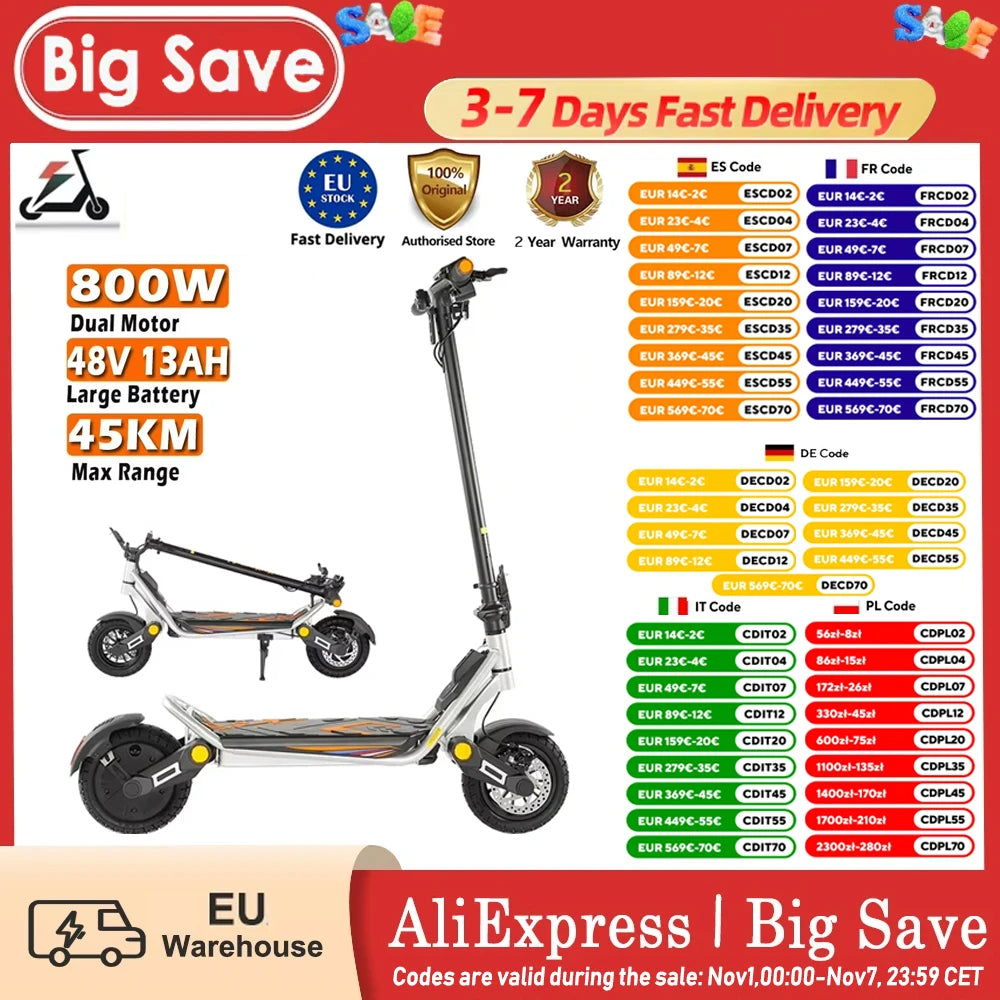 Kukirin A1 800W Motor 2025 Folding Electric Scooter 48V 13Ah Battery 10 inch Vacuum Tire 45 km/h Max Speed 45km Range.