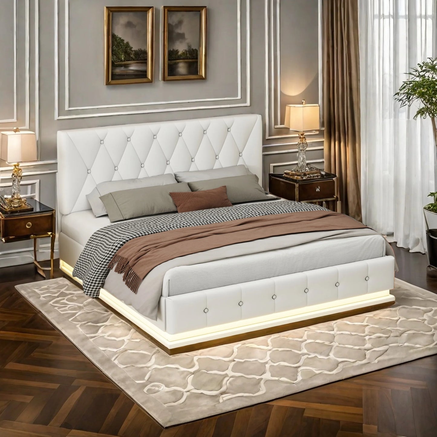 ROSAHQNDA 140x200 cm Polsterbett, PU-Lederbett mit LED- und USB-Anschlüssen, hydraulisches Boxbett, Kunstleder, ohne Matratze