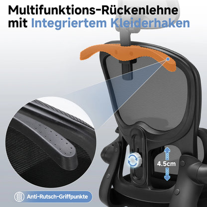 COMHOMA Bürostuhl Ergonomisch, Schreibtischstuhl mit 3D Kopfstütze und Lendenwirbelstütze, Integriertes Kleiderhaken-Design