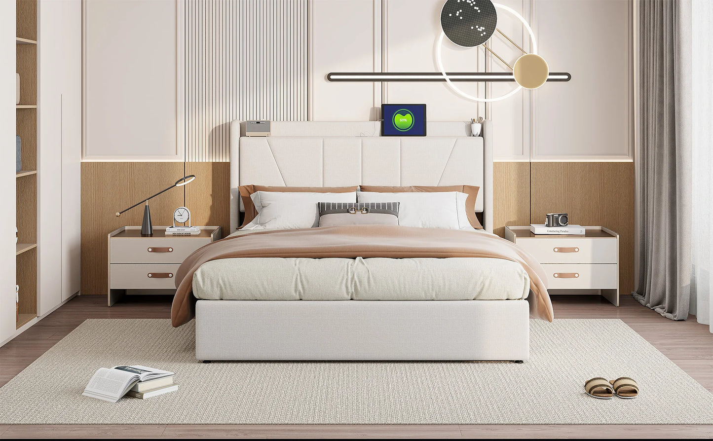 Rosahqnda Gepolsterter Doppelbettrahmen 140-160x200 cm Leinen USB-Hydraulikbett mit Stauraum Gästebett Schlafzimmer