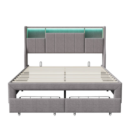 Rosahqnda gepolstertes Doppelbett 140x200cm mit LED-Beleuchtung,Doppelbett mit 2 Schubladen,hydraulischem Stauraum,ohne Matratze